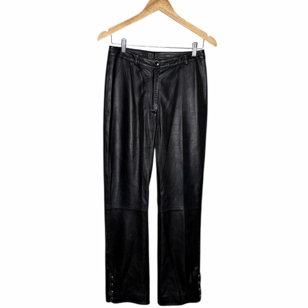 St. John Collection Vintage Italian Black Leather Pants Size 6 Snap Buttons